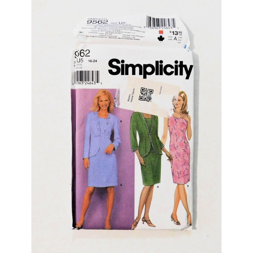 Simplicity 9562 Dress Jacket Sewing Pattern Misses Sizes 16-24 Uncut